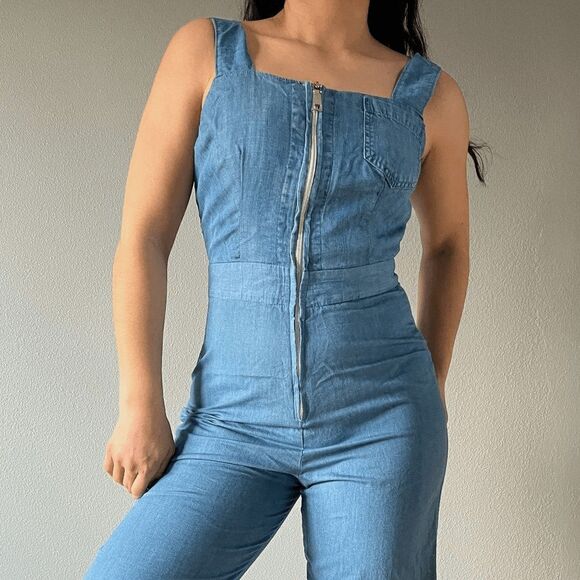 vtg 90s light blue cotton overalls onepiece zip‎ up summer romper boho small - Picture 7 of 9